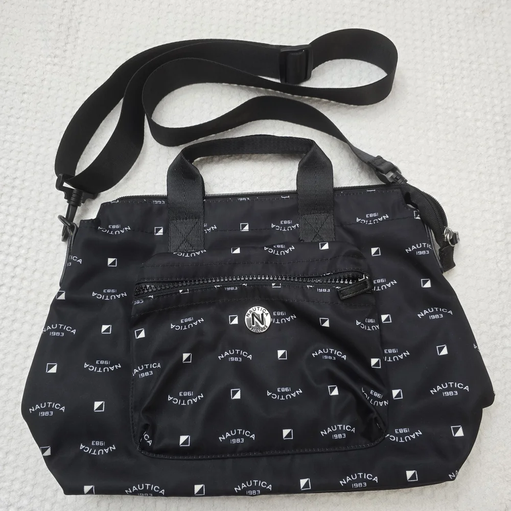 Nautica Black Logo Print Messenger Bag with Silver Accent